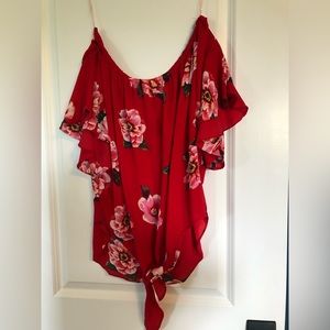 Umgee red floral off the shoulder top with tie in front, size small